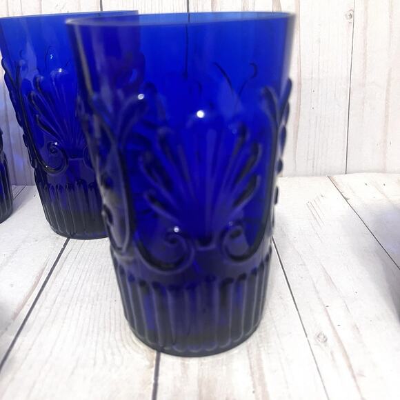 Rare Baroque Revival Cobalt Blue Pressed Glass Tumblers MCM Portuguese Style (6) - Picture 3 of 10